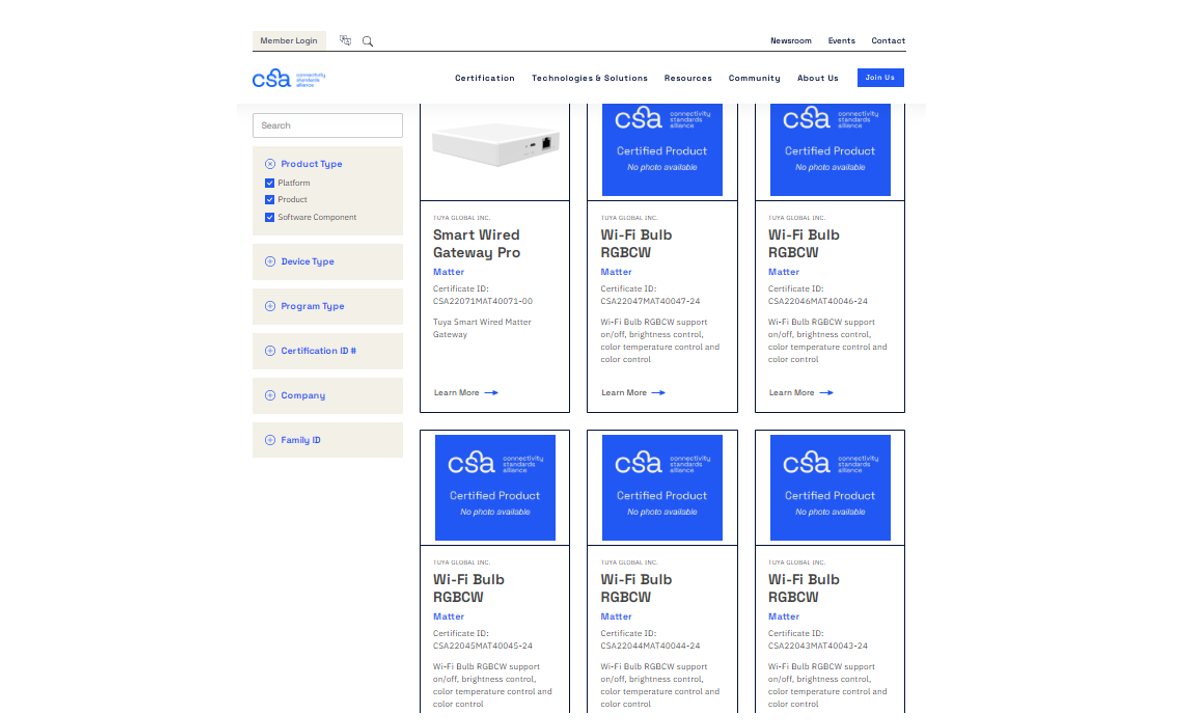 涂鸦智能多个赋能产品在CSA官方产品认证页面位列前排